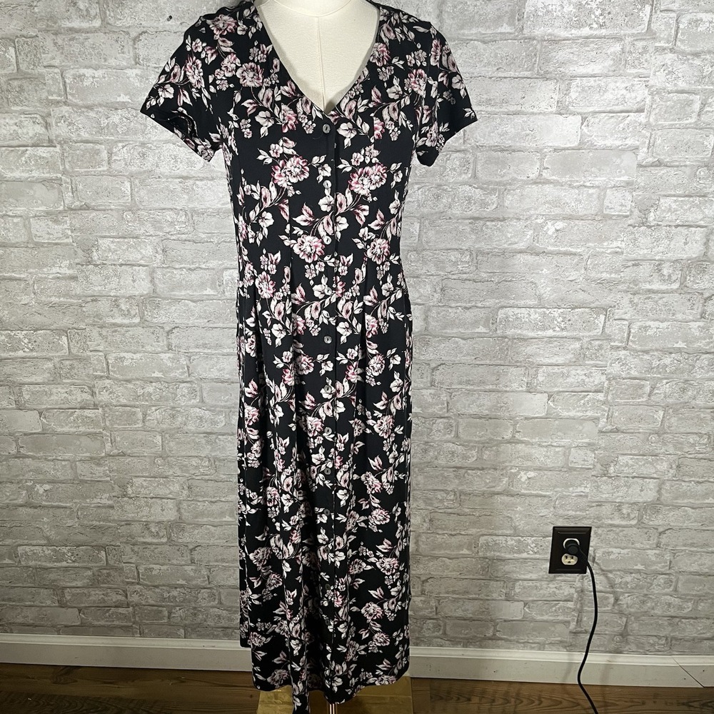 J Jill Floral Maxi Dress Black Button Front Cottagecore Boho Size Small Petite